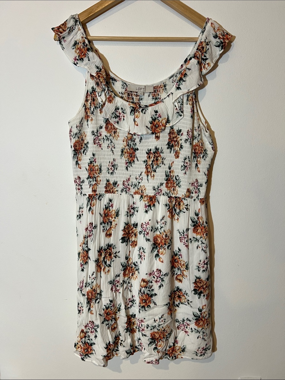 LOFT White Floral Ruffle-Trim Sundress
